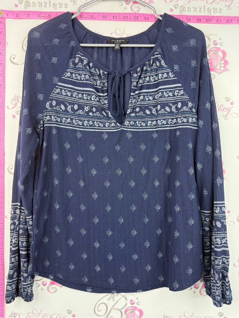 Lucky Brand blouse paisley tie up Navy Blue Boho Tie-Neck Long Sleeve Top